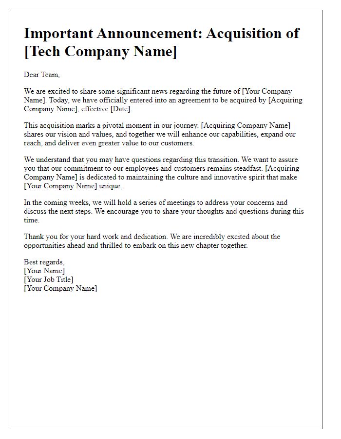 Letter template of tech company acquisition announcement to employees