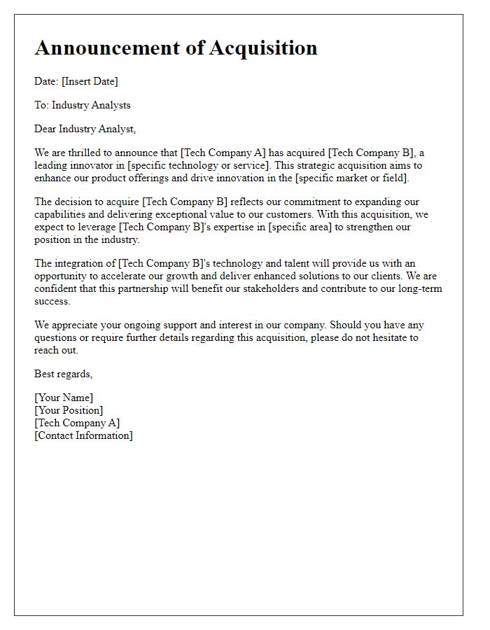 Letter template of tech company acquisition announcement for industry analysts