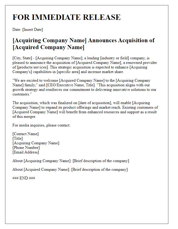 Letter template of tech company acquisition announcement for media release