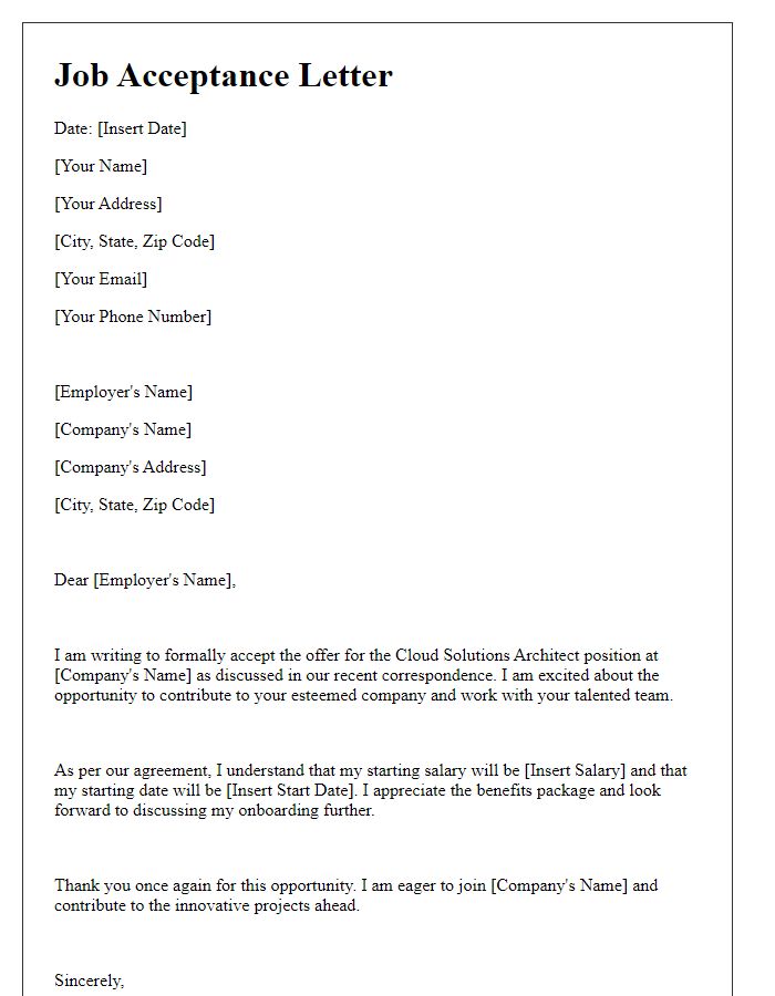 Letter template of job acceptance for a cloud solutions architect offer