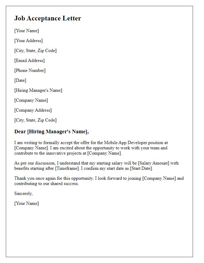 Letter template of job acceptance for a mobile app developer position