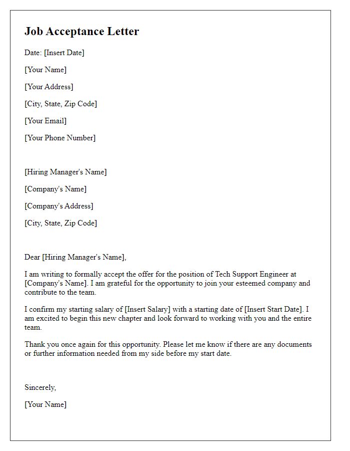 Letter template of job acceptance for a tech support engineer role