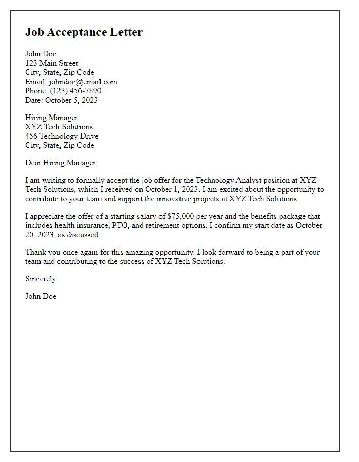 Letter template of job acceptance for a technology analyst position