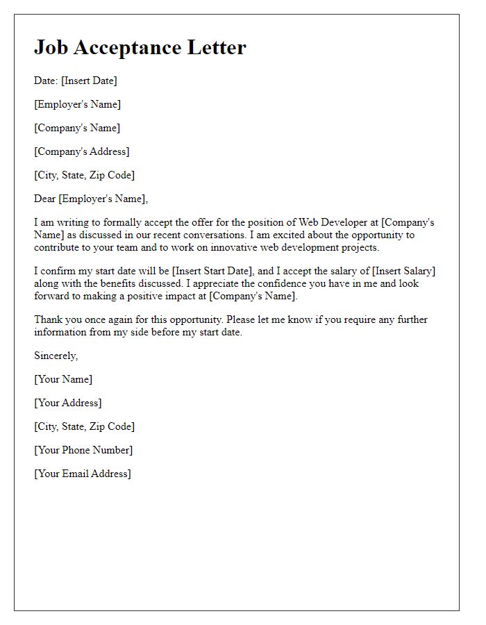 Letter template of job acceptance for a web developer role