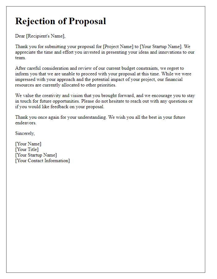 Letter template of tech startup proposal rejection due to budget constraints.