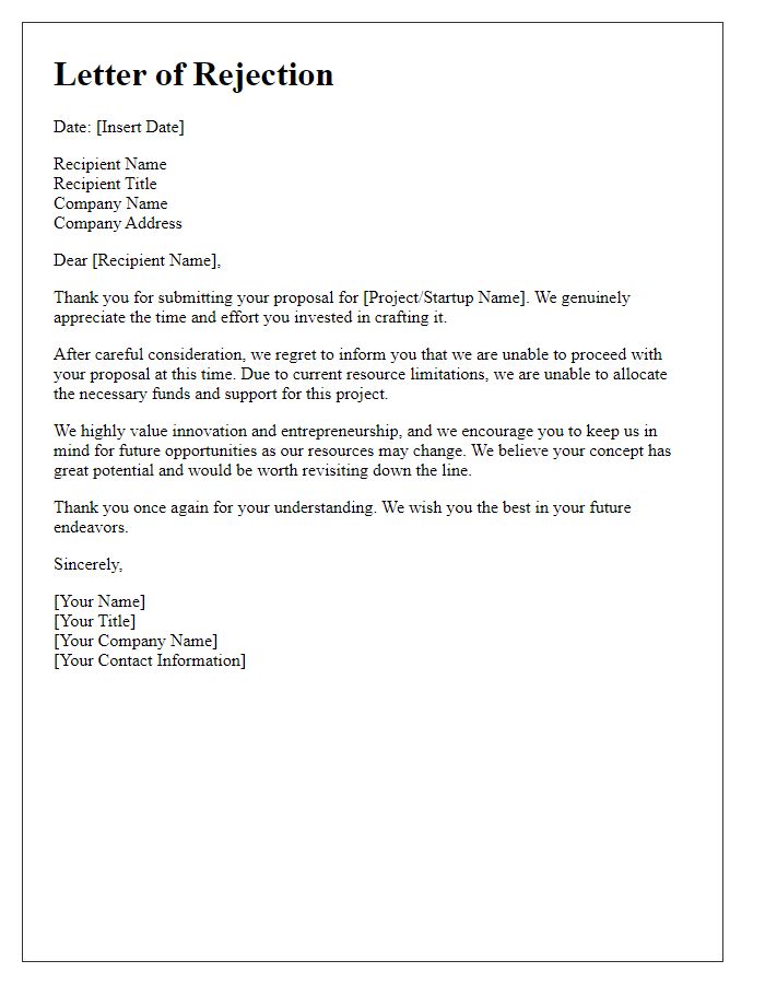 Letter template of tech startup proposal rejection due to resource limitations.