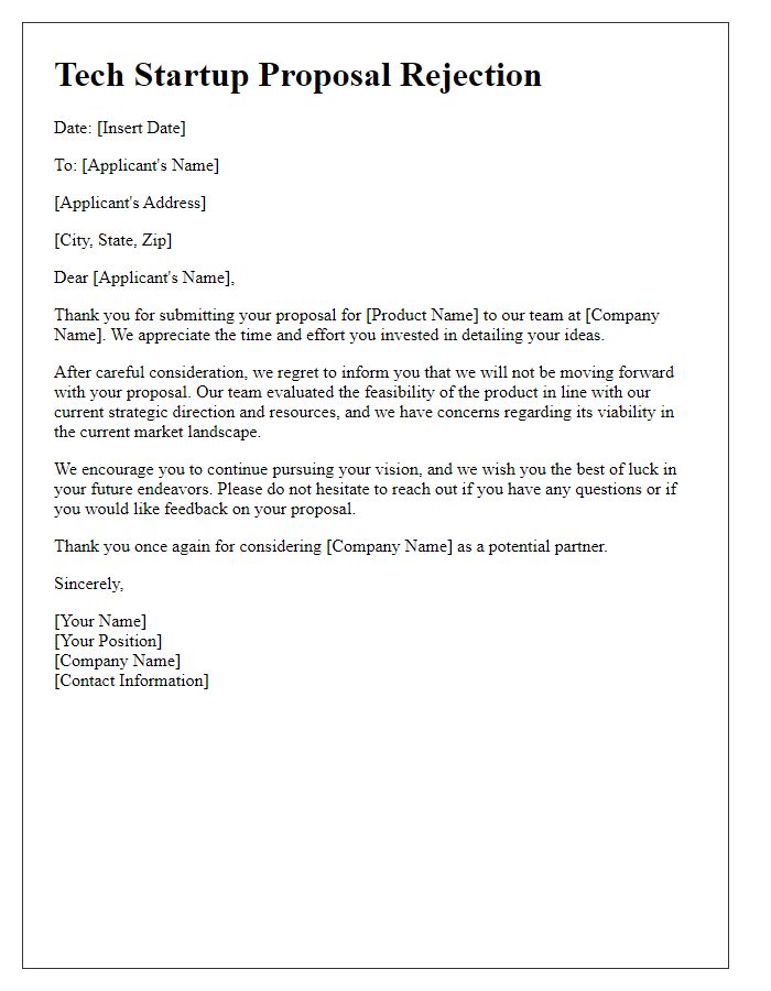 Letter template of tech startup proposal rejection for product feasibility concerns.