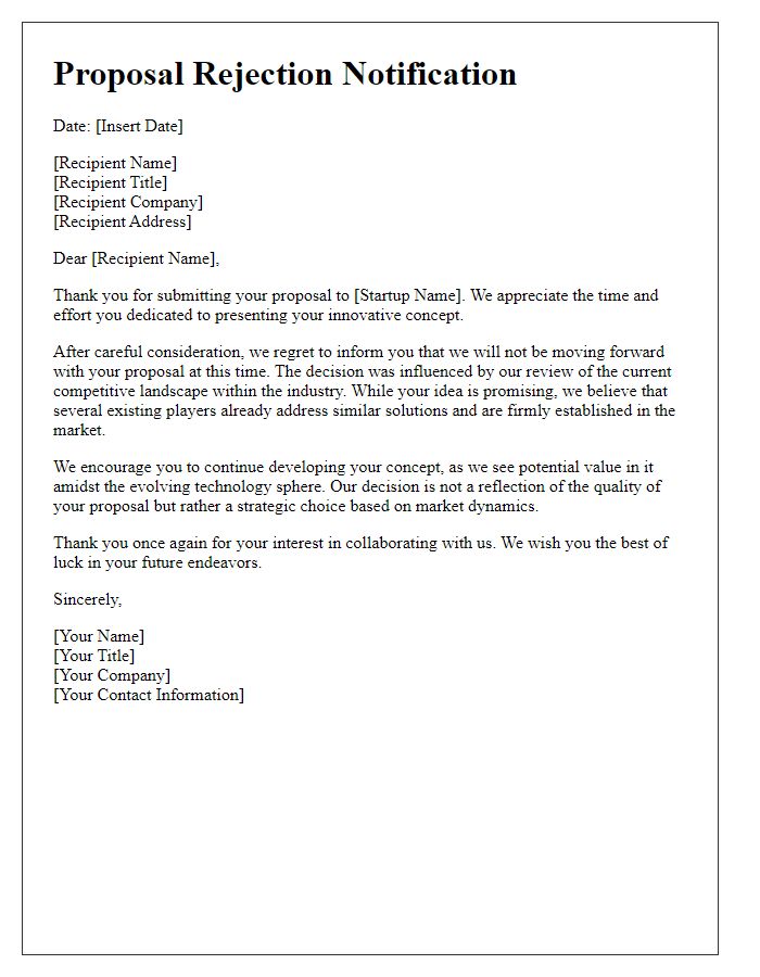 Letter template of tech startup proposal rejection regarding competitive landscape.