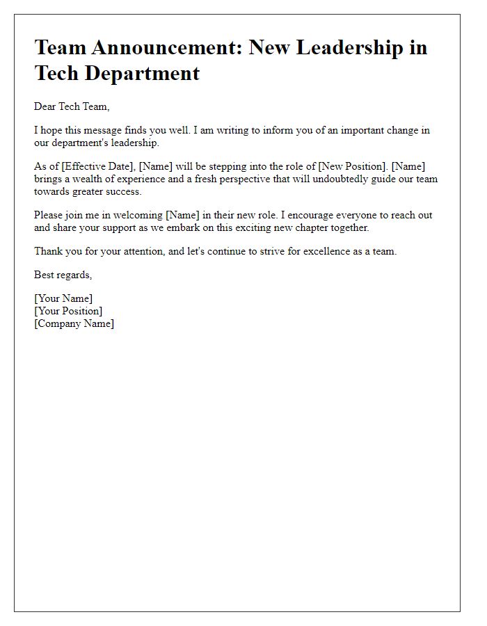 Letter template of announcing the tech team's new leadership change.