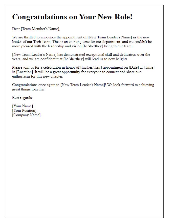 Letter template of celebrating the appointment of the new tech team leader.