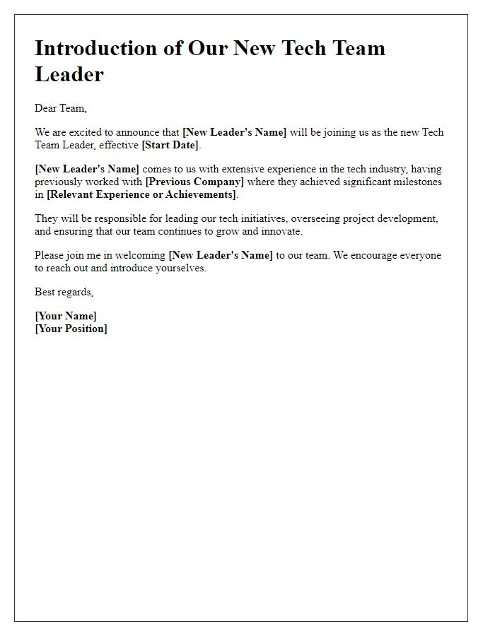 Letter template of introducing the new tech team leader to staff.