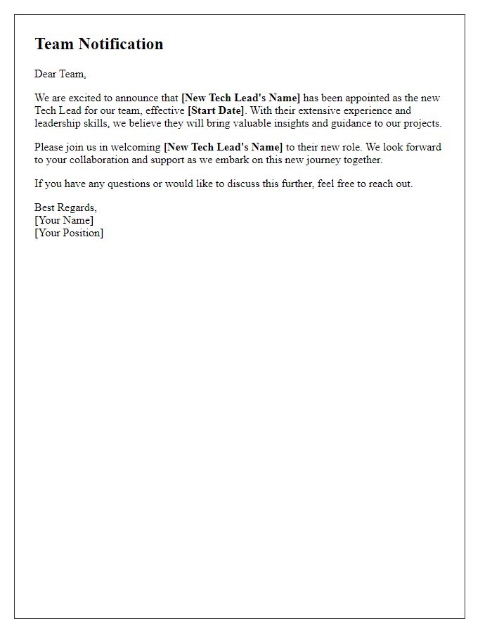 Letter template of notifying team members about the new tech lead.