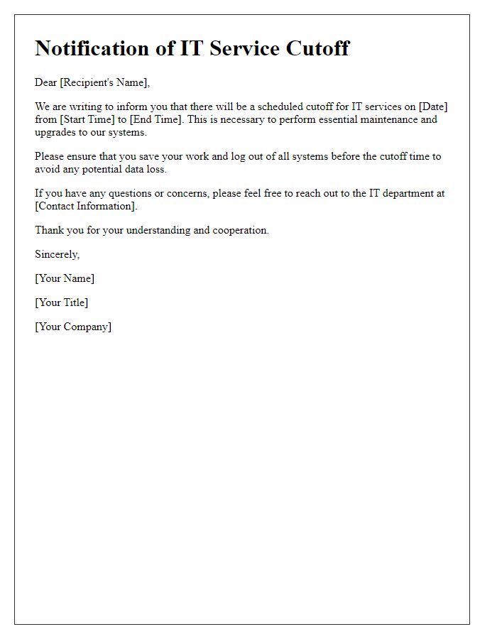 Letter template of notification for IT service cutoff