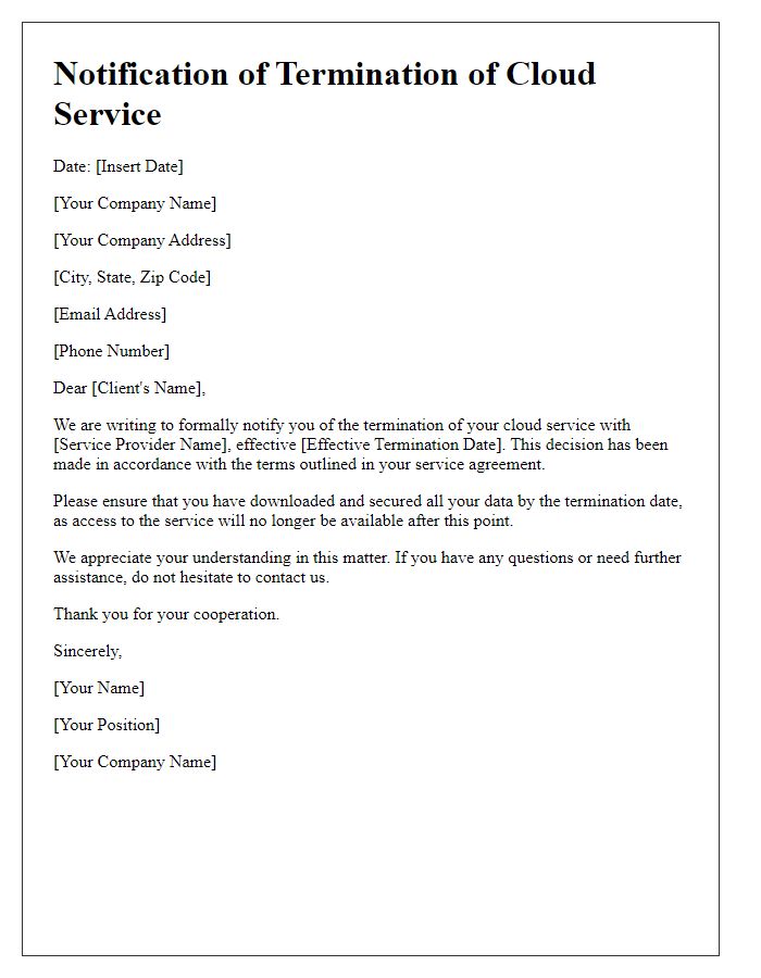 Letter template of notification for termination of cloud service