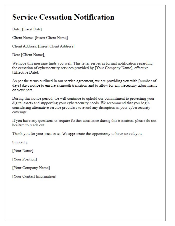 Letter template of service cessation for cybersecurity services