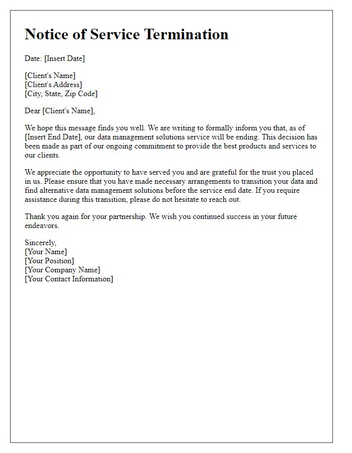 Letter template of service ending for data management solutions