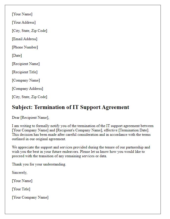 Letter template of service termination for IT support agreement