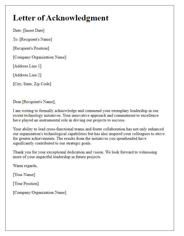 Letter template of acknowledgment for leadership in tech initiatives.