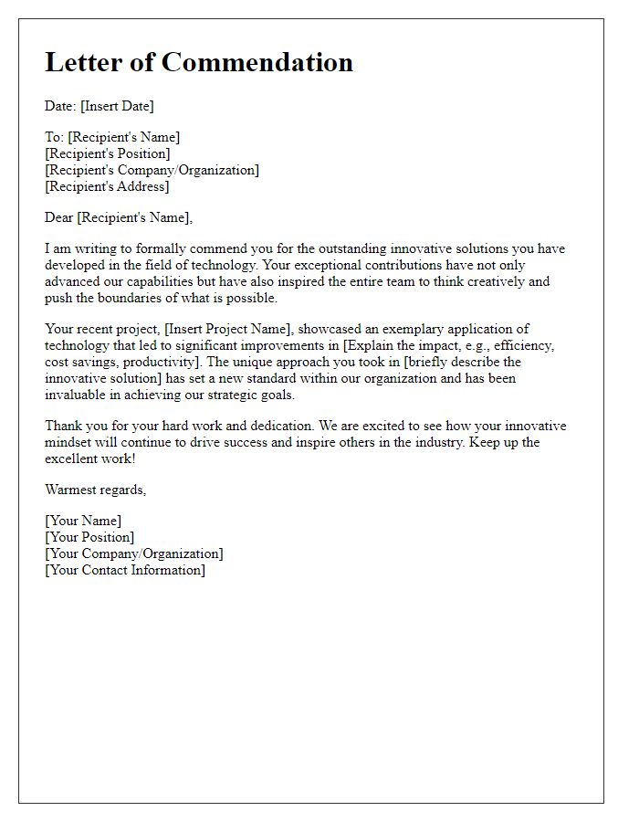 Letter template of commendation for innovative solutions in technology.