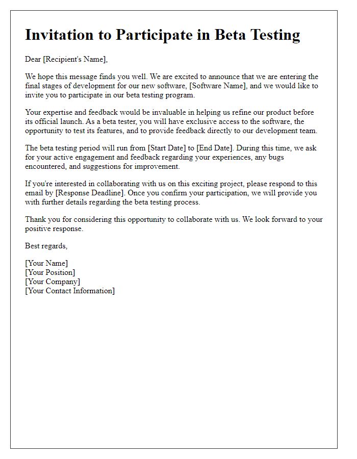 Letter template of Invitation to Collaborate in Software Beta Testing