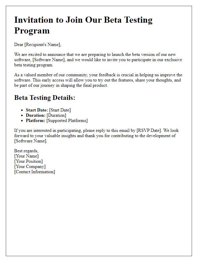 Letter template of Invitation for Early Access to Software Beta Testing