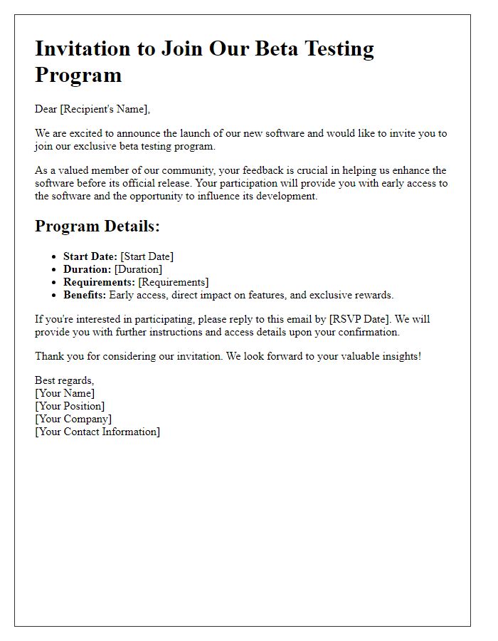 Letter template of Invitation to Join Our Software Beta Testing Program