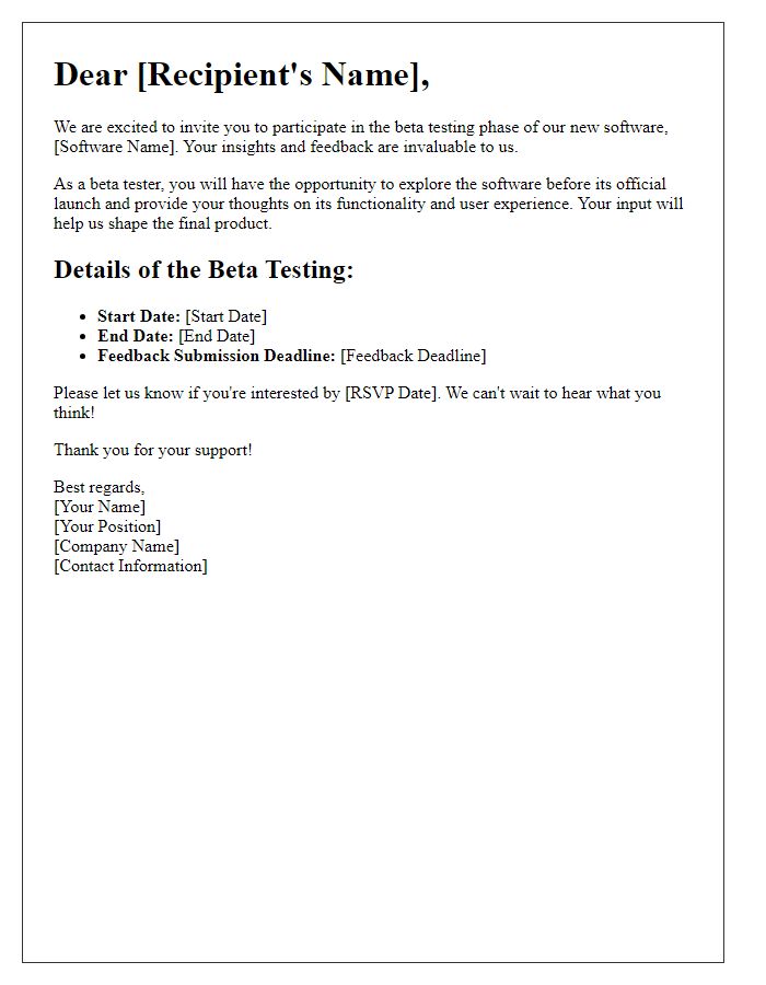 Letter template of Personal Invitation for Feedback during Software Beta Testing