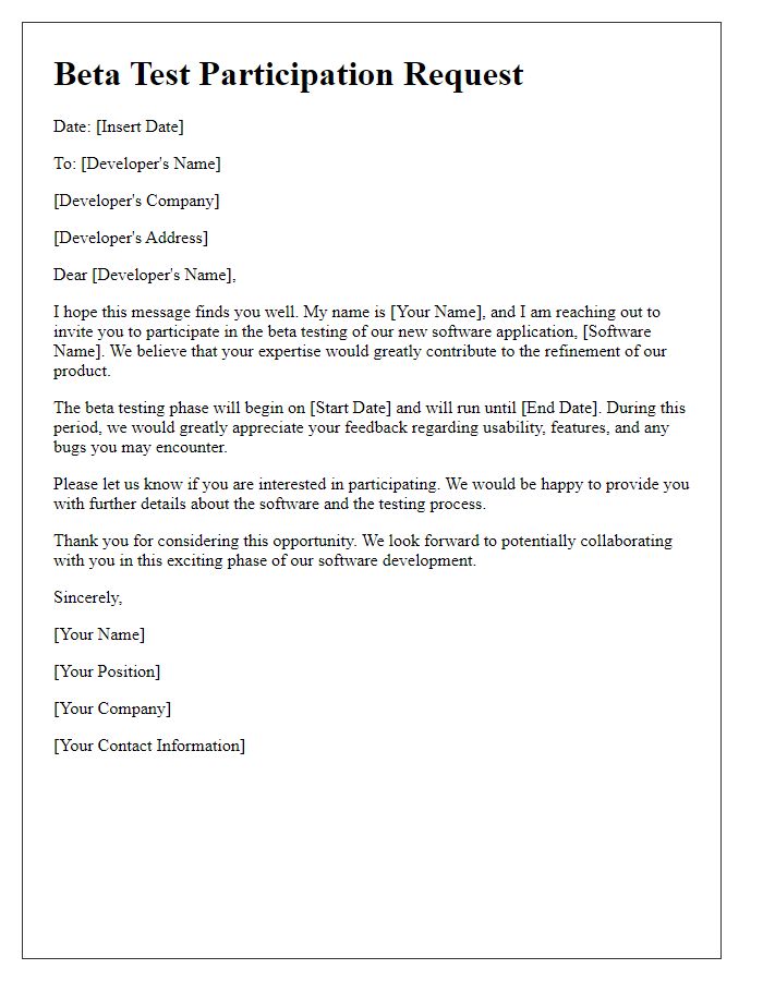 Letter template of Software Beta Test Participation Request for Developers