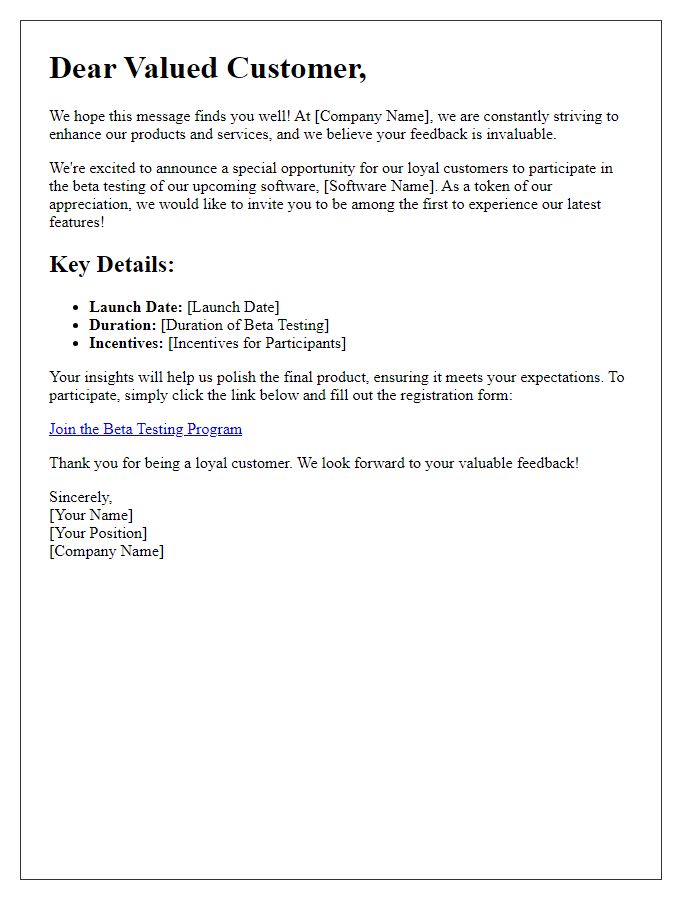 Letter template of Software Beta Testing Opportunity for Loyal Customers