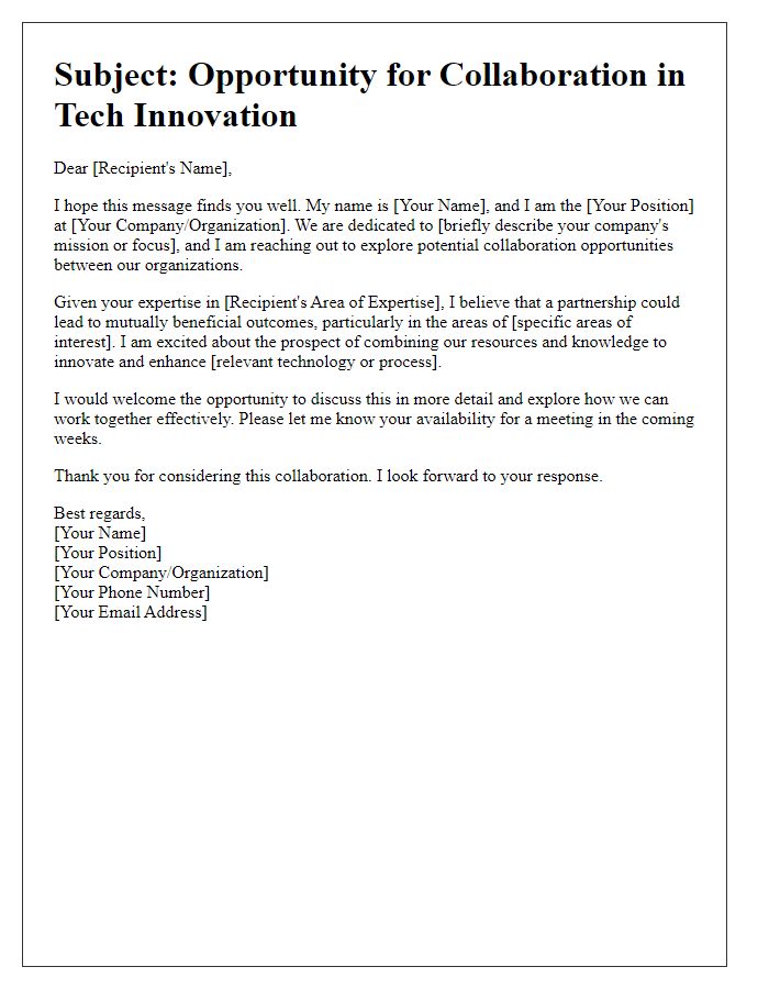 Letter template of introductory communication for a tech collaboration opportunity