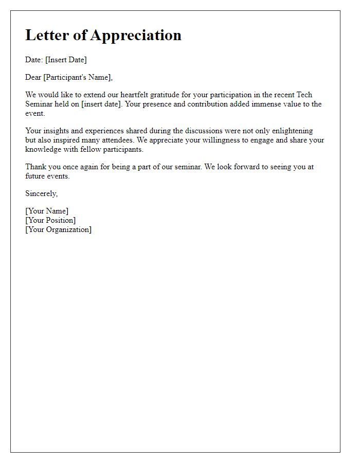 Letter template of appreciation for participating in the tech seminar