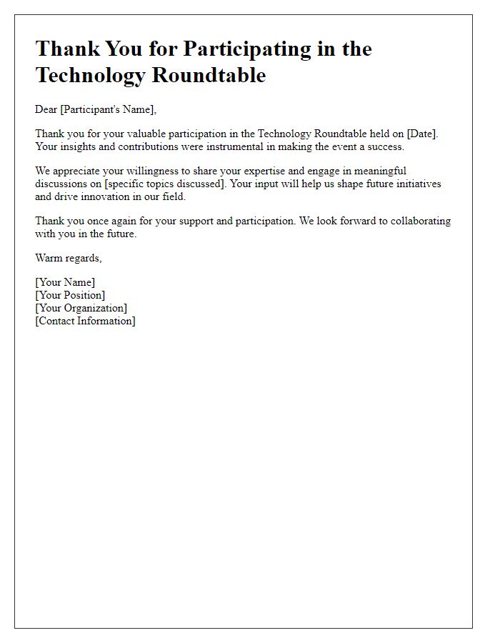 Letter template of thanks for your participation in the technology roundtable