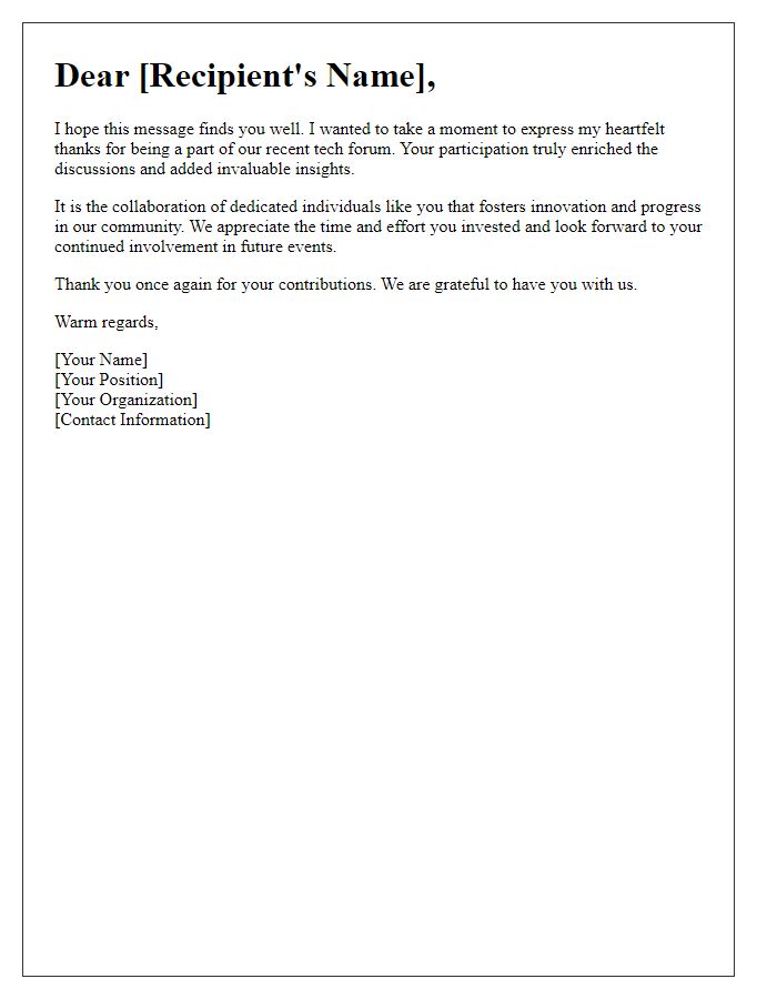 Letter template of warm thanks for being part of the tech forum