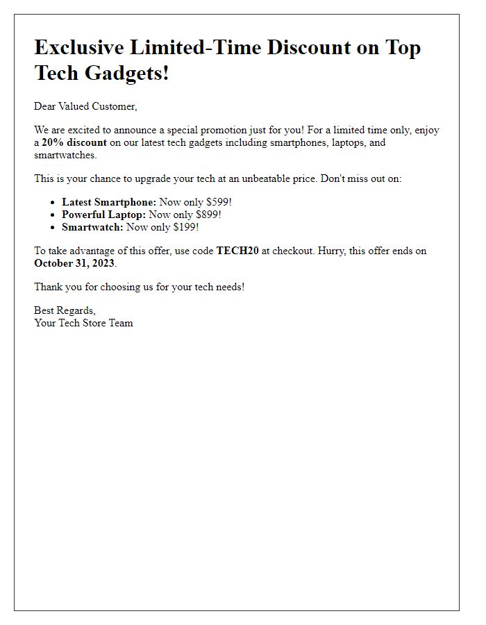 Letter template of limited-time discount promotion for tech gadgets