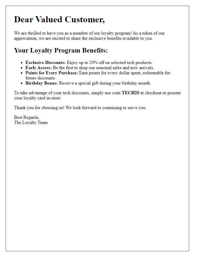 Letter template of loyalty program benefits including tech discounts