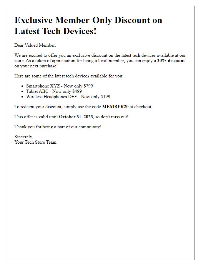 Letter template of member-only discount on the latest tech devices