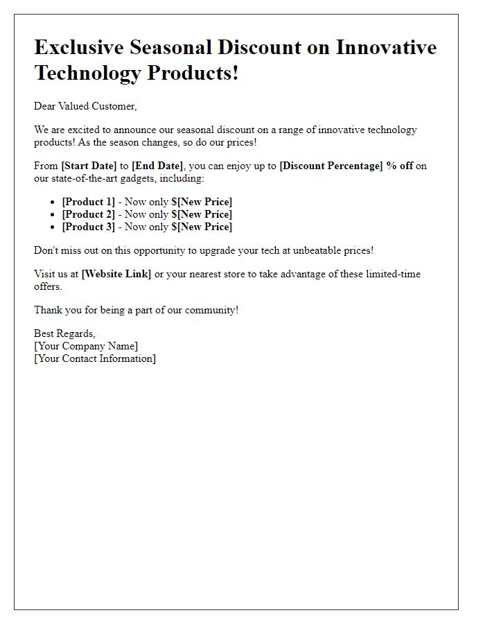 Letter template of seasonal discount for innovative technology products