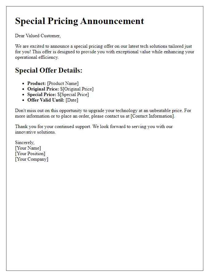 Letter template of special pricing announcement for tech solutions