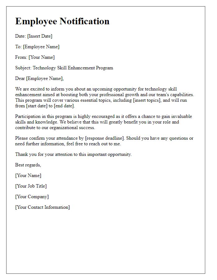 Letter template of employee notification for technology skill enhancement.