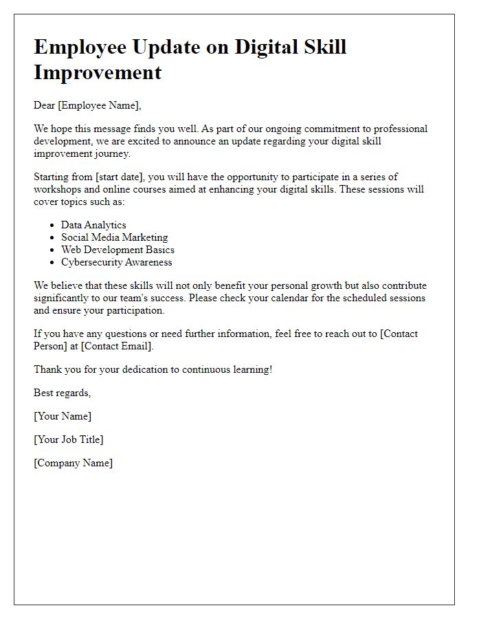 Letter template of employee update for digital skill improvement.