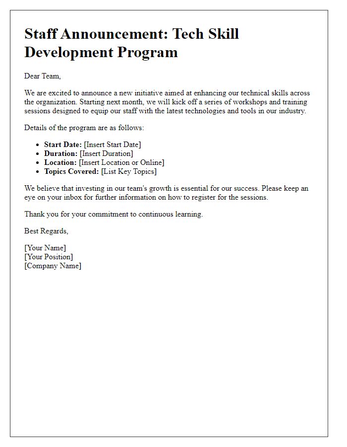 Letter template of staff announcement regarding tech skill development.