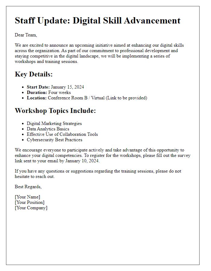 Letter template of staff update for digital skill advancement.