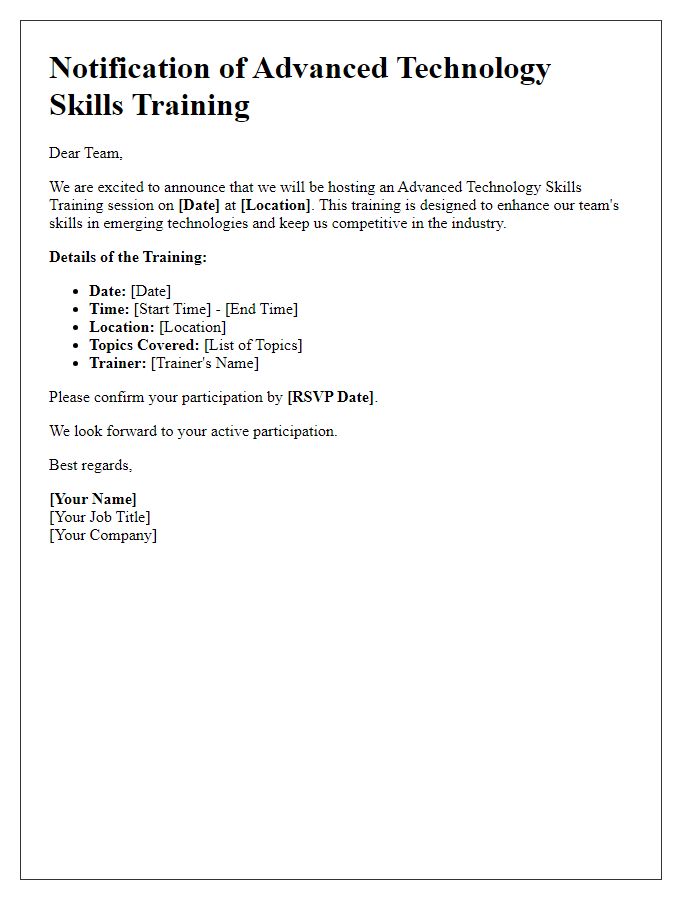 Letter template of team notification for advanced technology skills training.