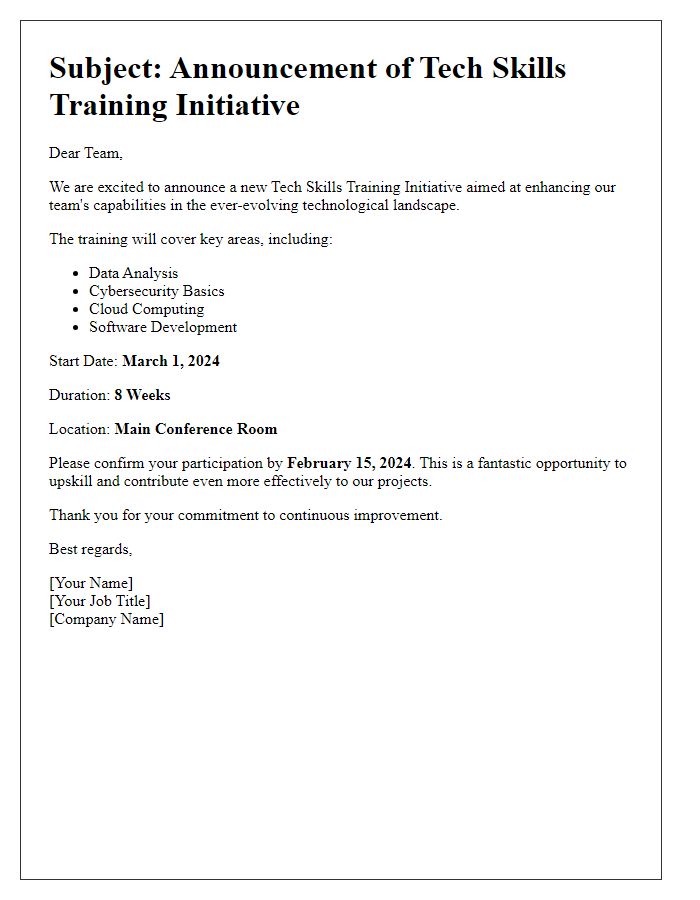 Letter template of worker announcement for tech skills training initiative.