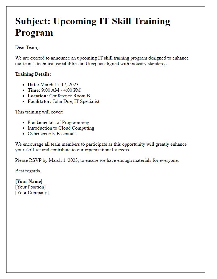 Letter template of workforce communication on IT skill training.