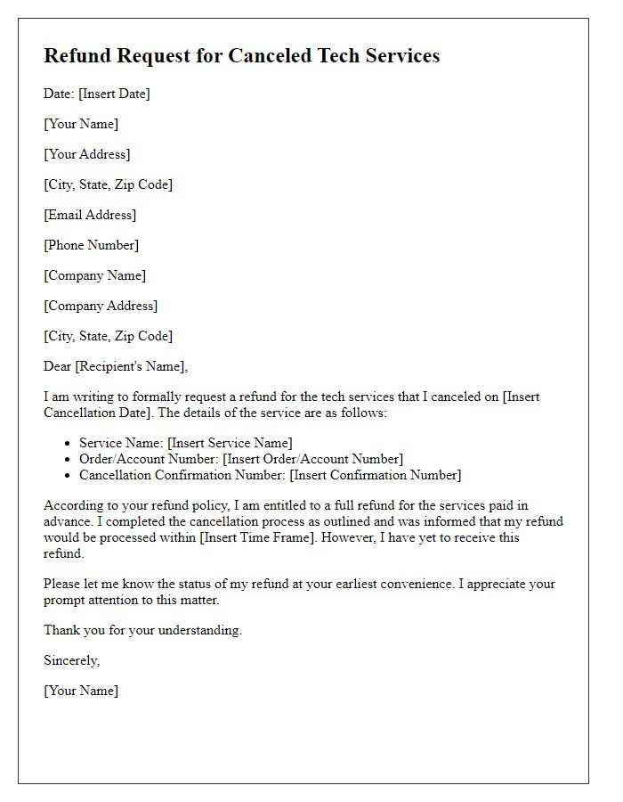 Letter template of refund request for canceled tech services.