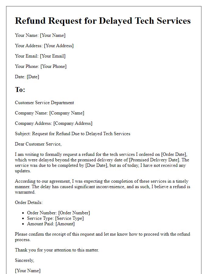 Letter template of refund request for delayed tech services.