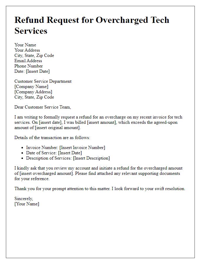 Letter template of refund request for overcharged tech services.