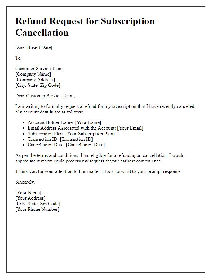 Letter template of refund request for subscription cancellation in tech services.