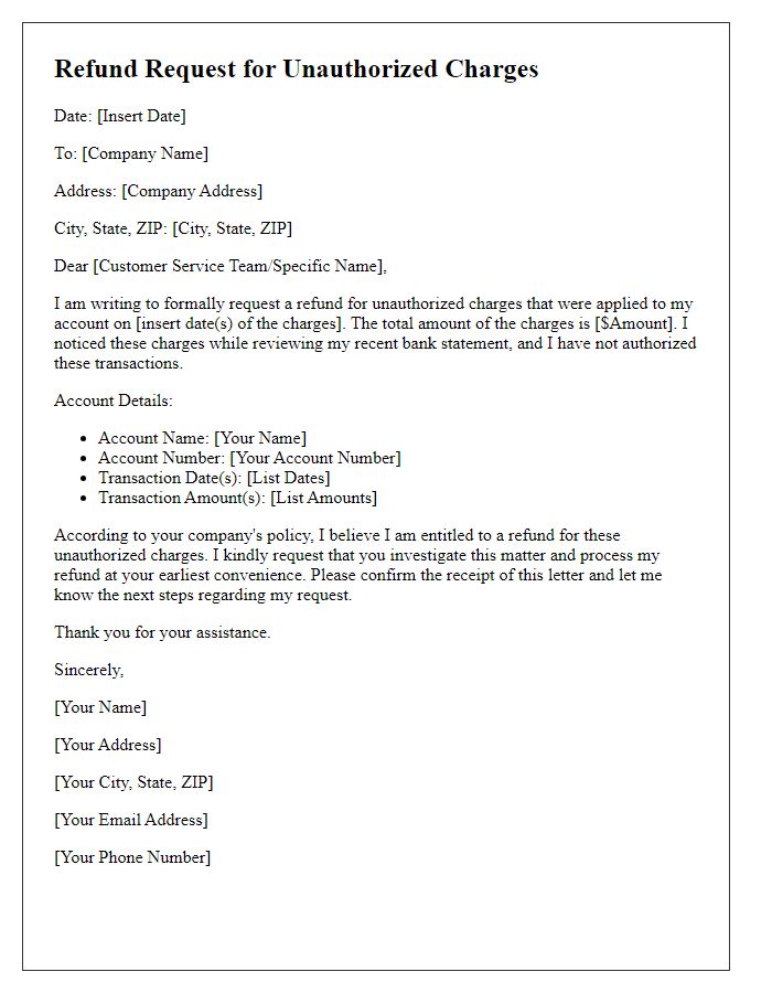 Letter template of refund request for unauthorized charges in tech services.